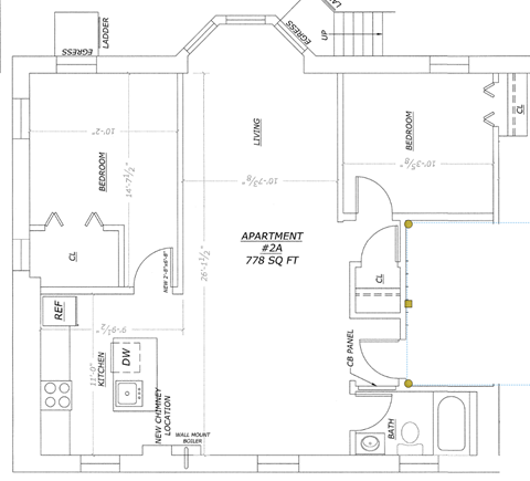 A floor plan of an apartment with a living room, bedroom, and bathroom.